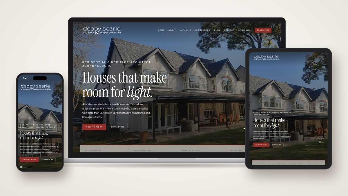 The Debby Searle Architect home page on a laptop, an iPad and a phone