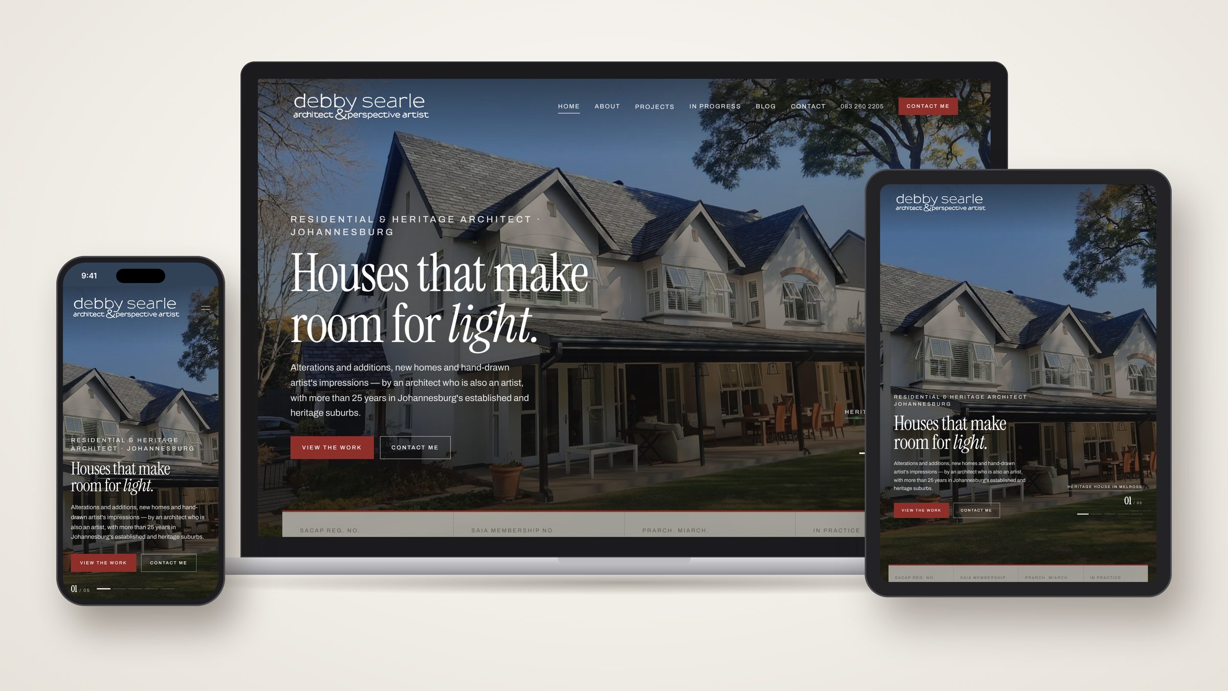 The Debby Searle Architect home page on a laptop, an iPad and a phone