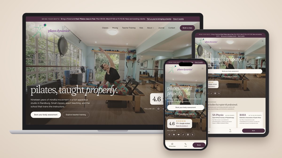 The Pilates Dynamics website on a laptop, an iPad and a phone